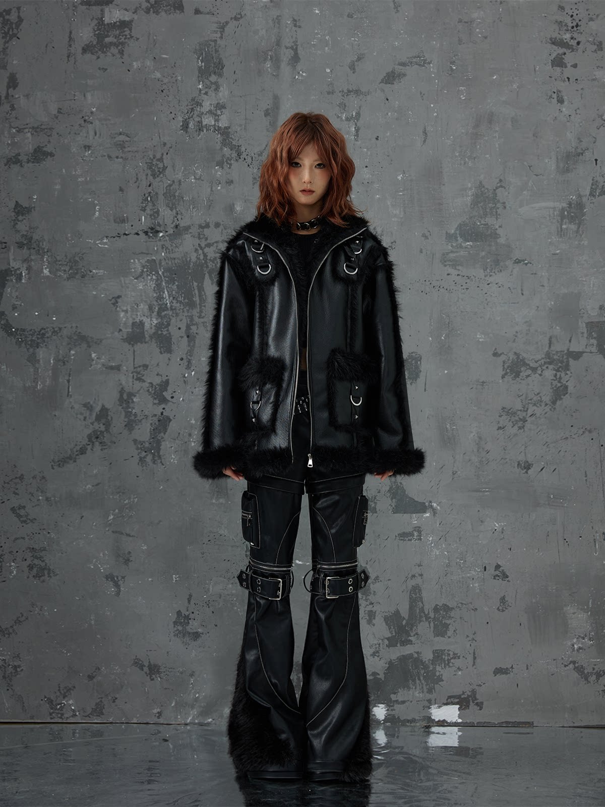 Punk Oversize Metal-Accent Shearling Jacket