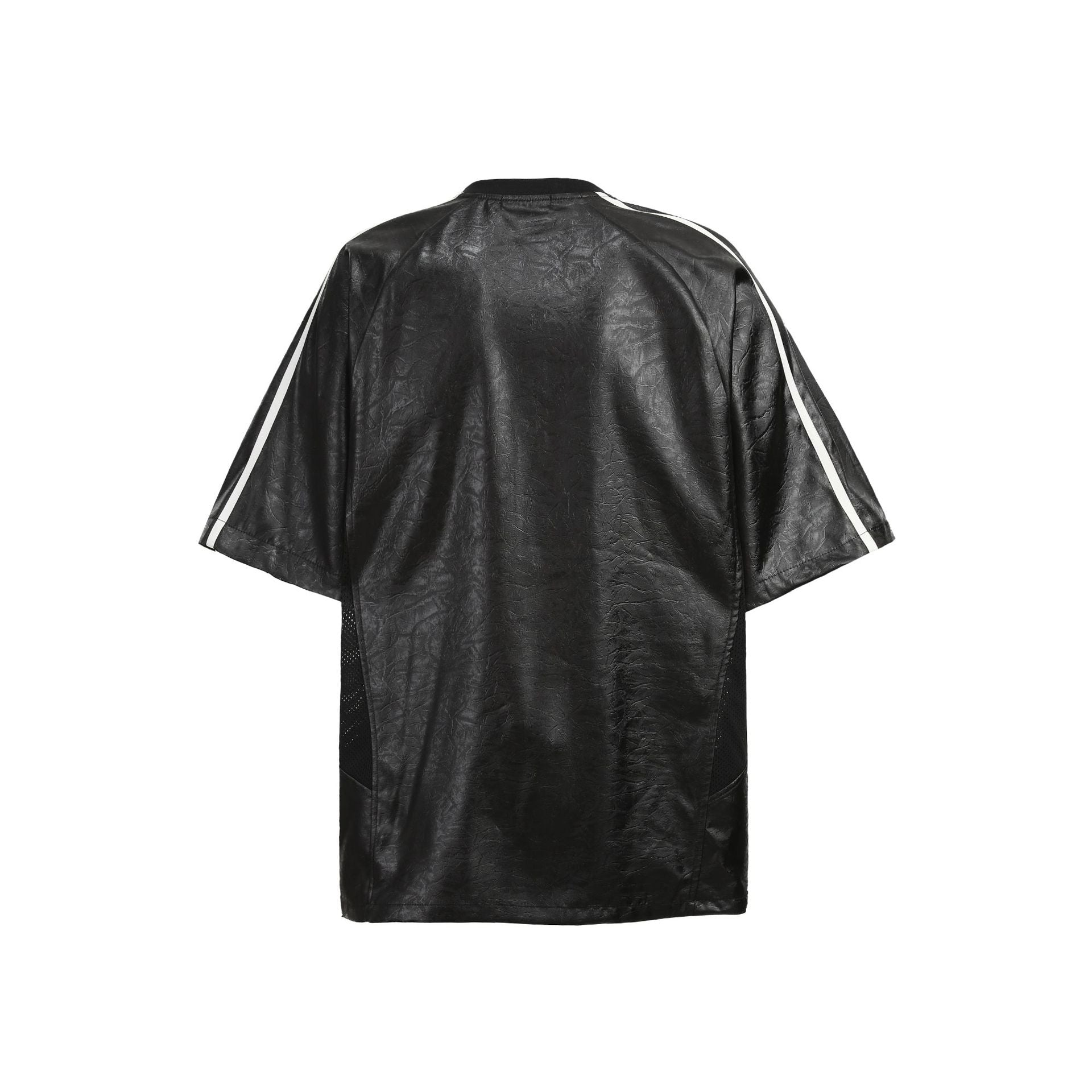 Chest Emblem PU Leather Stitching V-Neck Oversize Short Sleeve T-Shirt