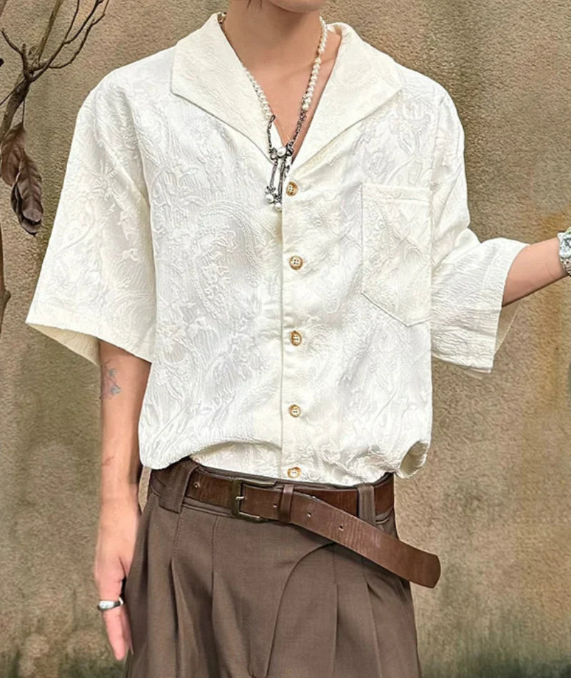 Jacquard Texture Cuban Collar Short Sleeve Shirt