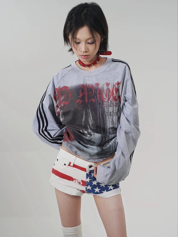 Punk Girl Graphic Gray Long Sleeve T-Shirt