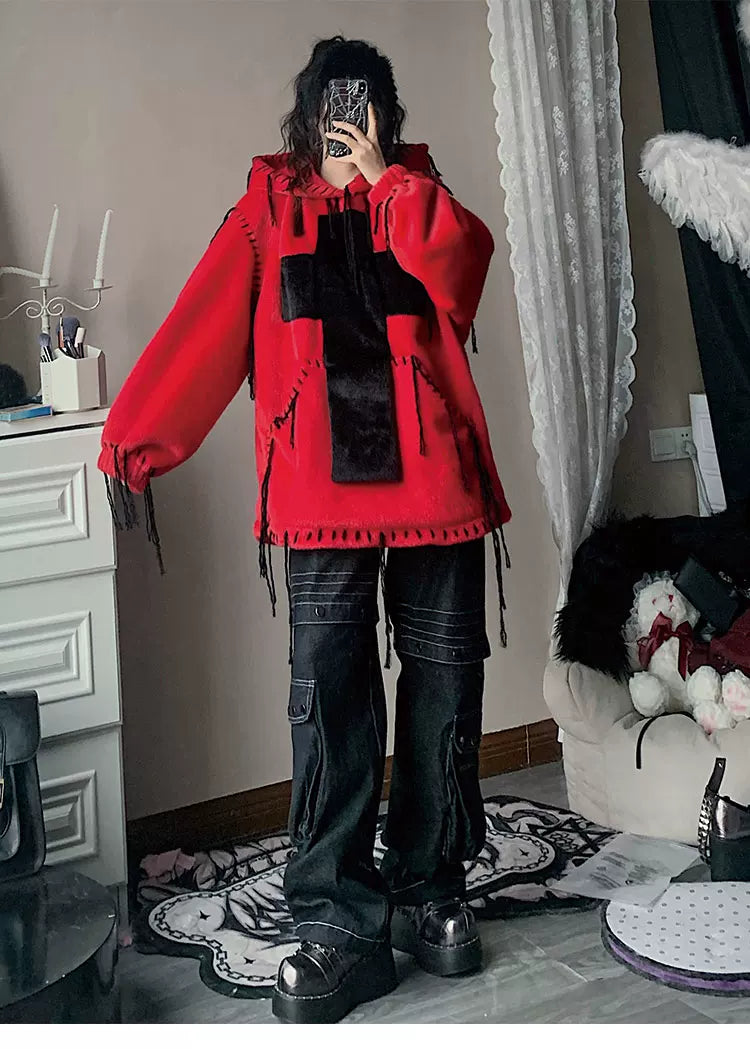 Fake Fur Hooded Cross Detail Hoodie