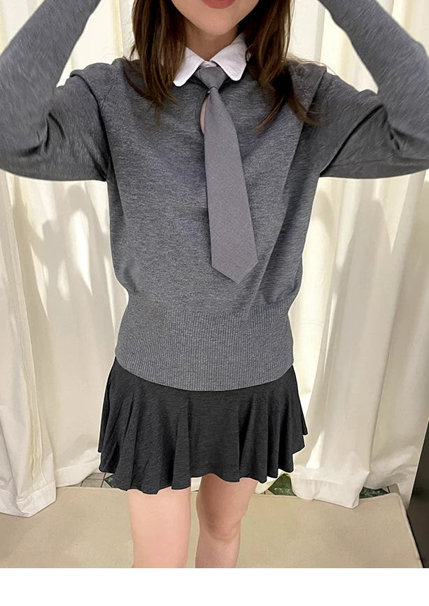 Collar Knit Sweater & Pleats Short Skirt Setup