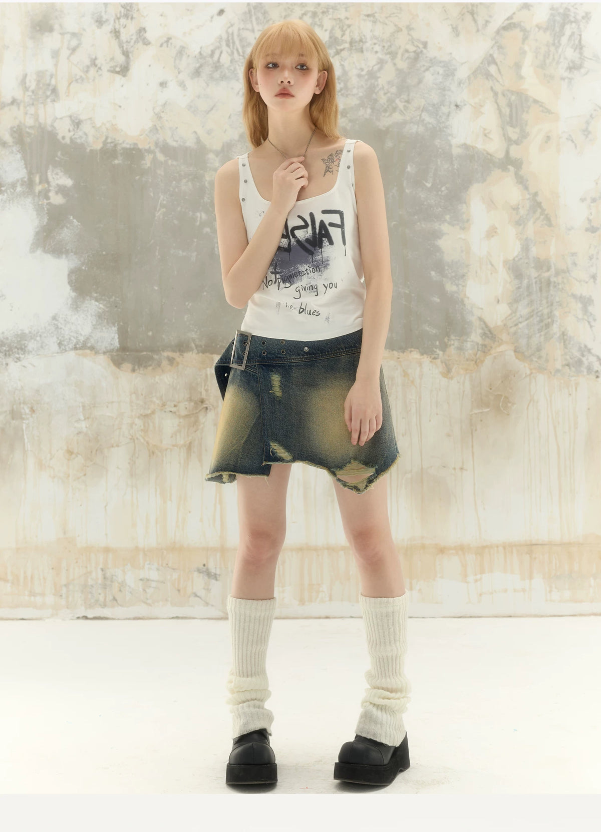 Washed Asymmetrical Adjustable Denim Short Skirt