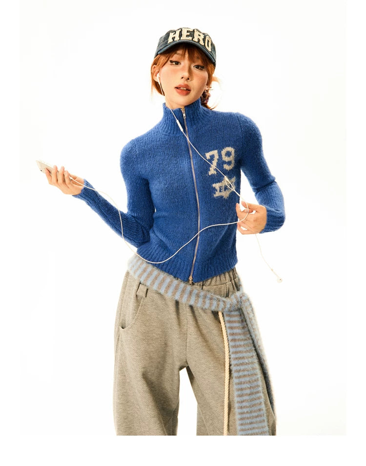 Number Patch Knit Zipper Stand Neck Cardigan