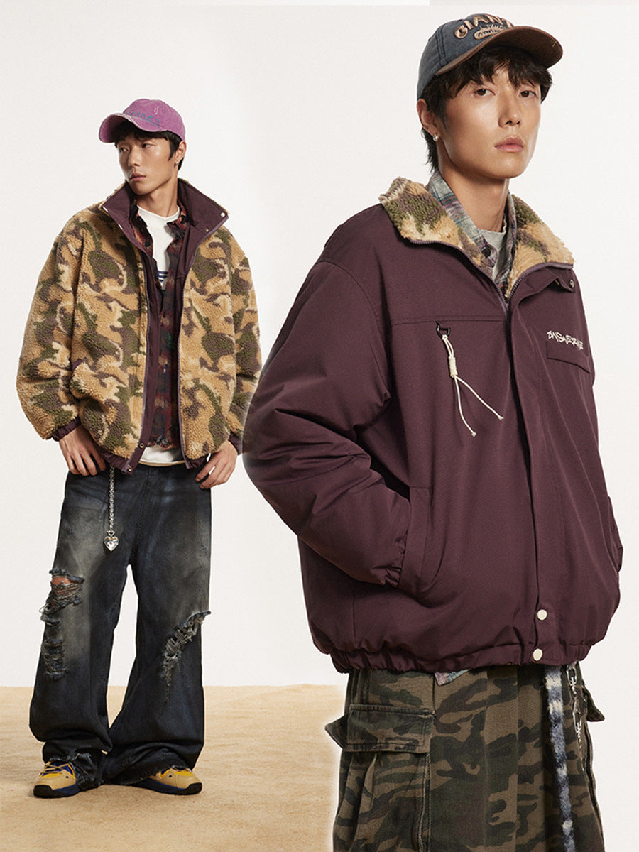 Retro camouflage stand-up collar reversible Thickened Lambswool Jacket