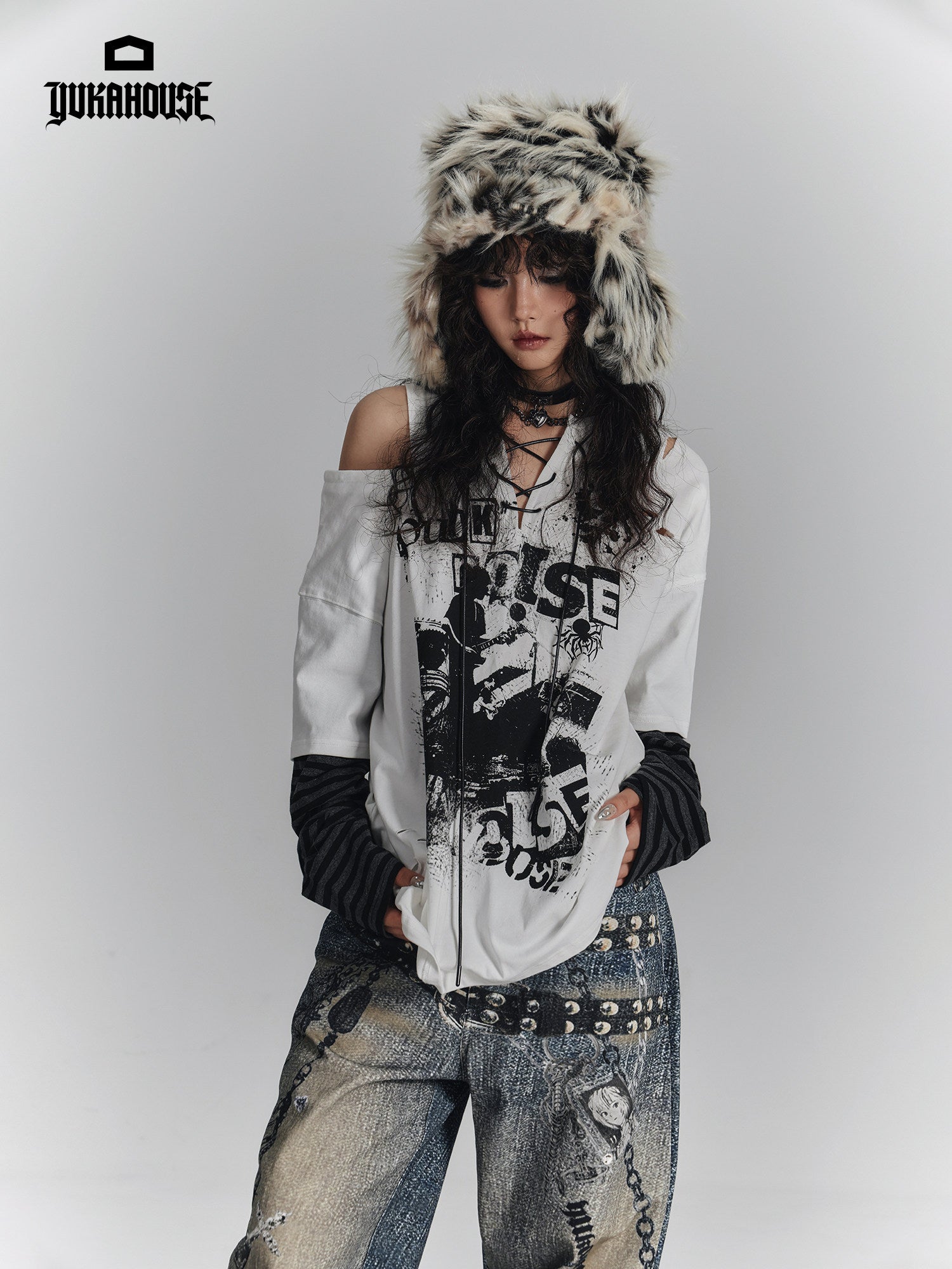 Fake Layered Drawstring V-Neck Long Sleeve T-Shirt