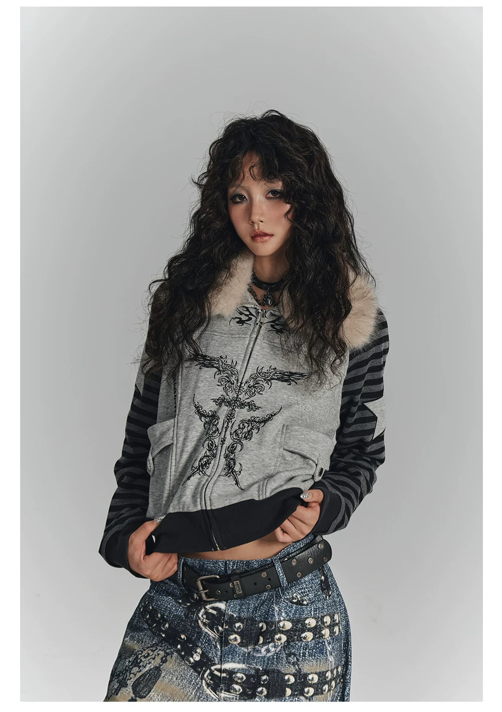 Fur Collar Patchwork Oversize Zipper Hoodie