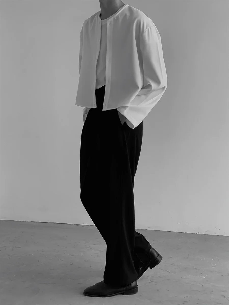 Short Collarless Long Sleeve Shirt