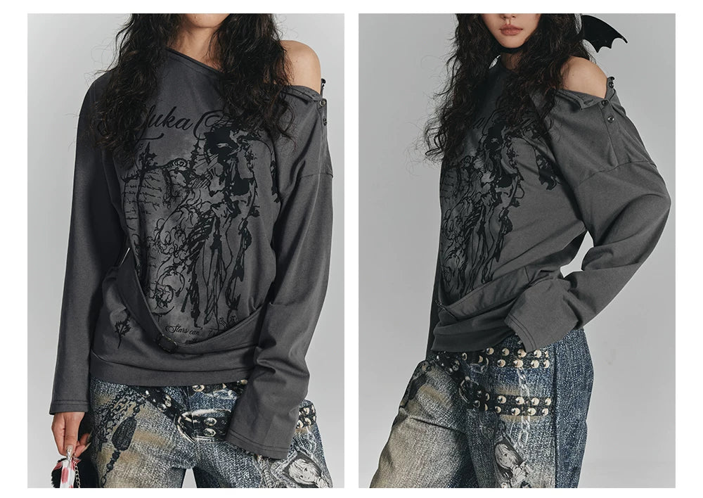 Slanted Shoulder Long Sleeve T-Shirt & Belt