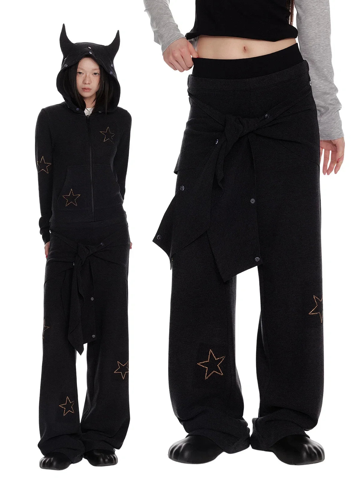 Horn Fur Collar Fuzzy Zipper Hoodie & Wide-Leg Pants Setup
