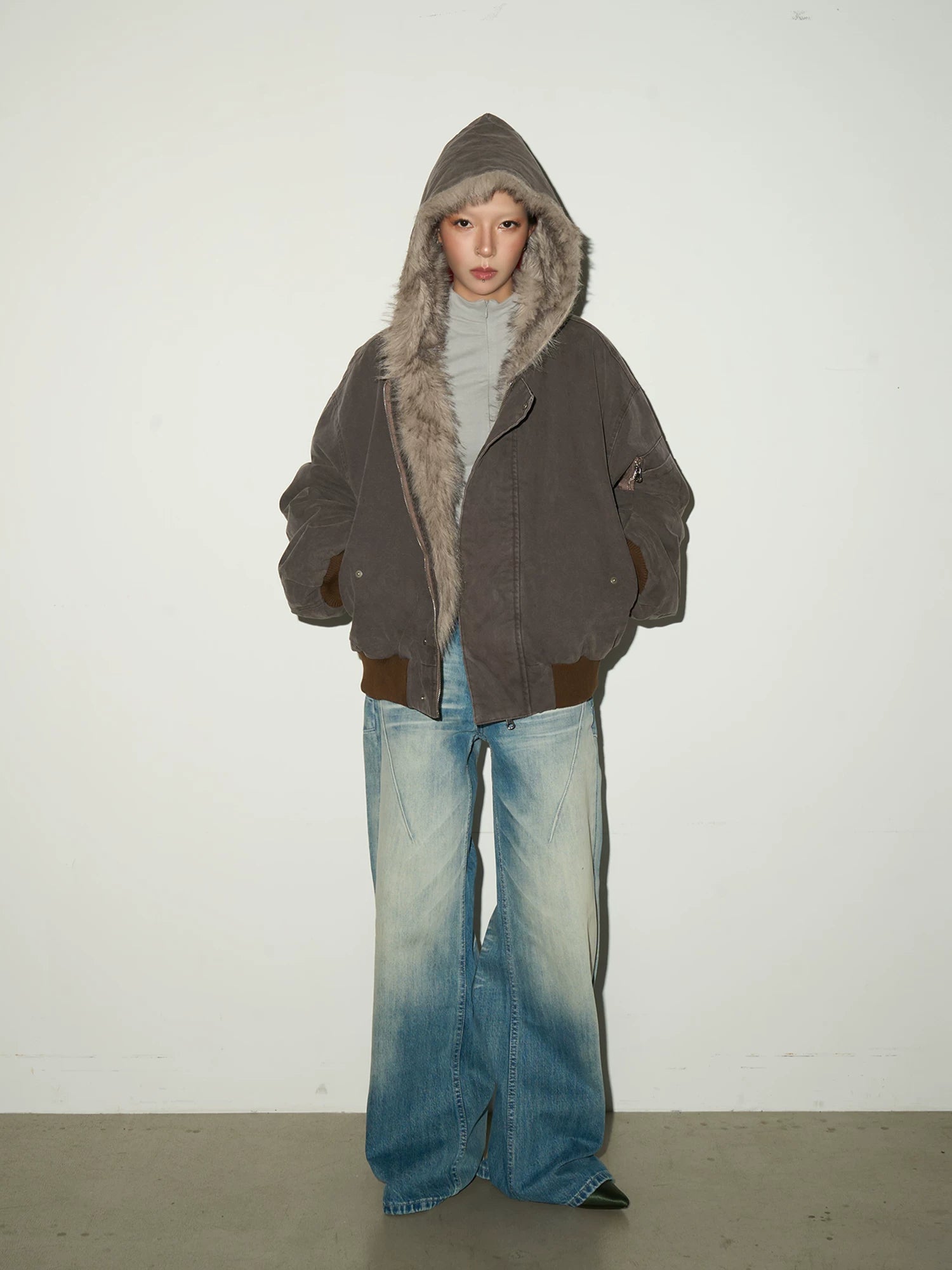 Washed Fade Seam Detail Wide Leg Denim Jeans