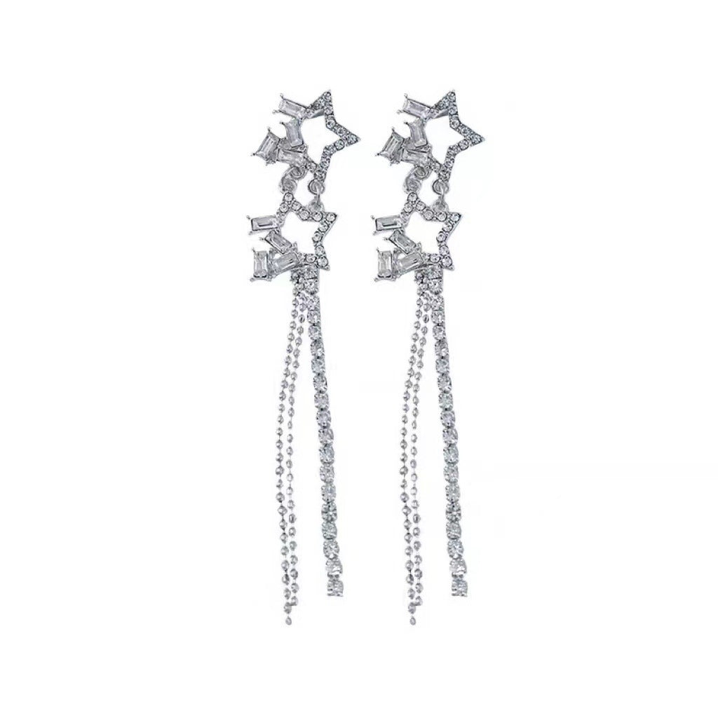 Sterling Silver Star Tassel Earrings – White Zircon Drop