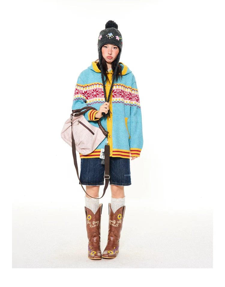 Contrast Pattern Hooded Knit Cardigan