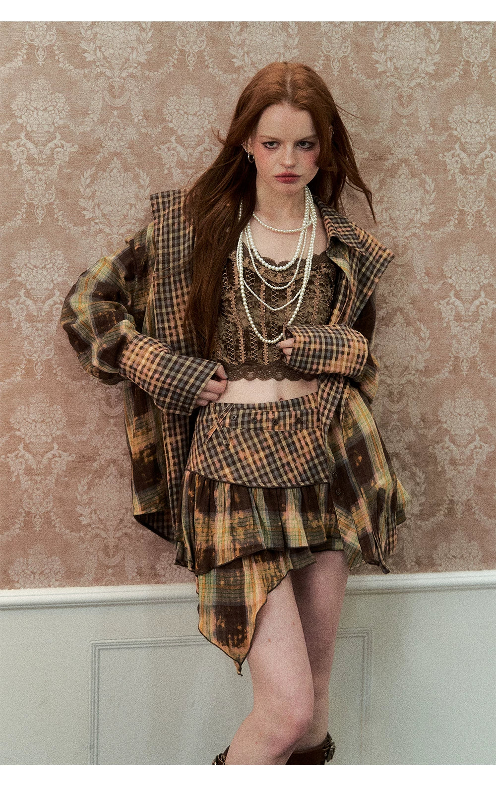 Oversize Plaid Long Sleeve Shirt & Short Skirt & Scarf Setup
