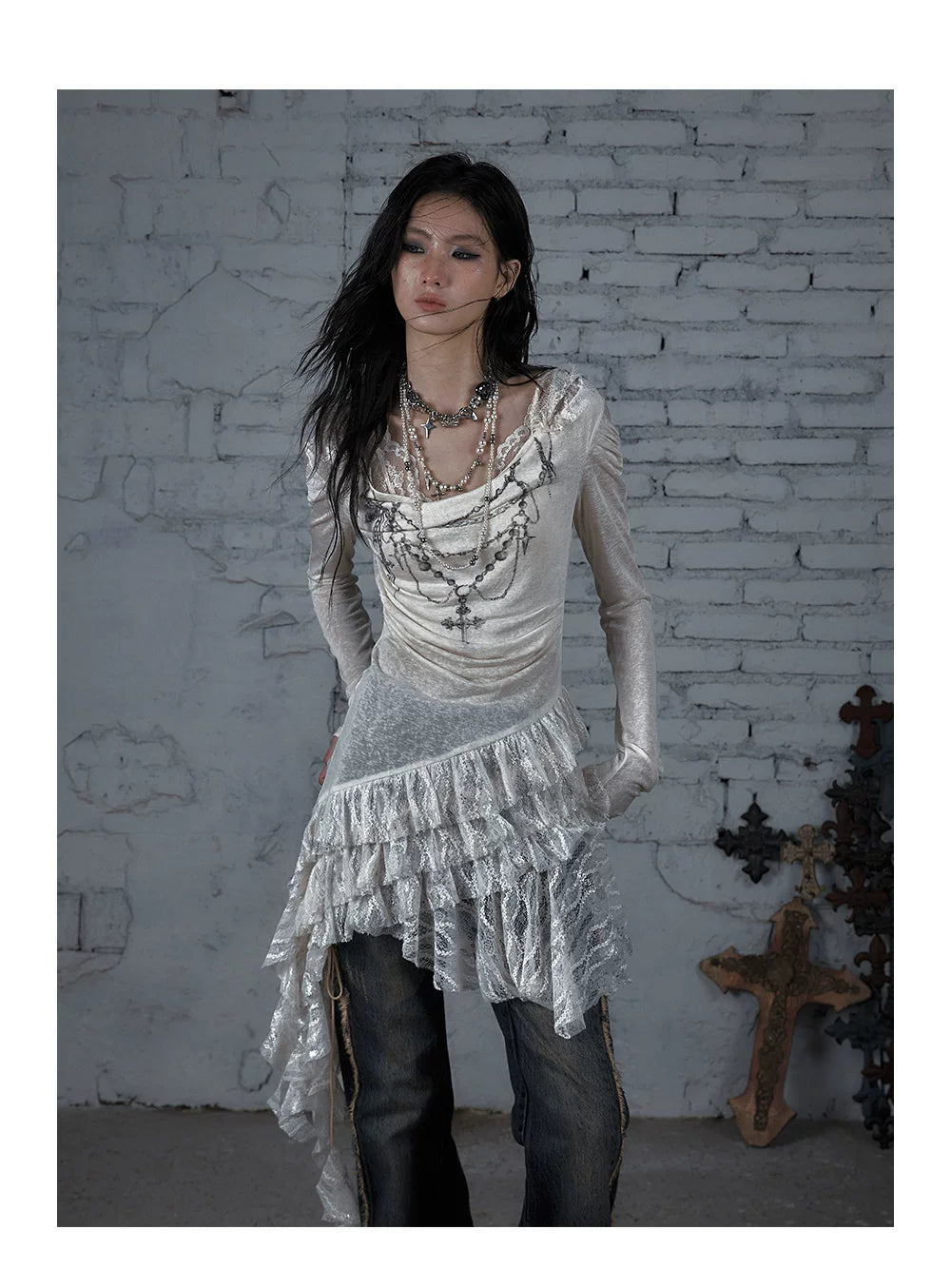 Lace Hooded Asymmetric Ruffle Dress