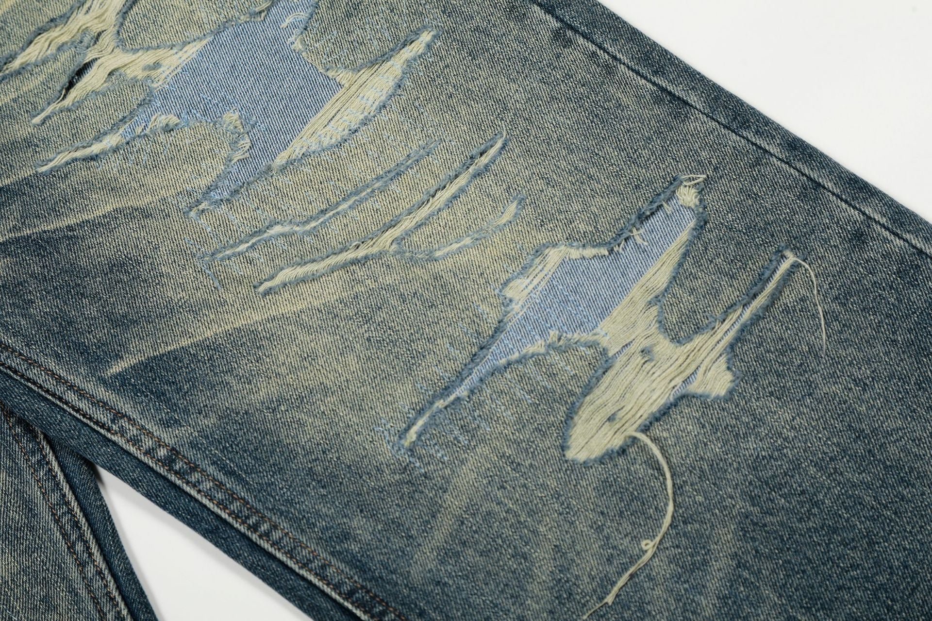 Whisker Damage Wide Leg Denim Jeans