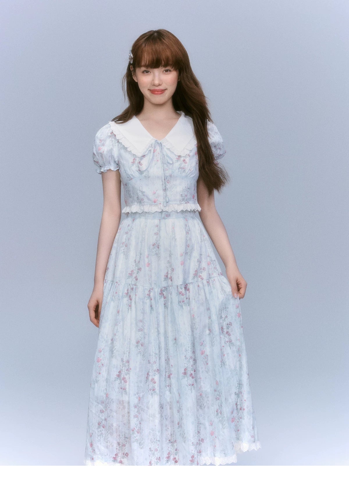 Floral-Print Blouse & Lace Trim Flared Skirt Setup