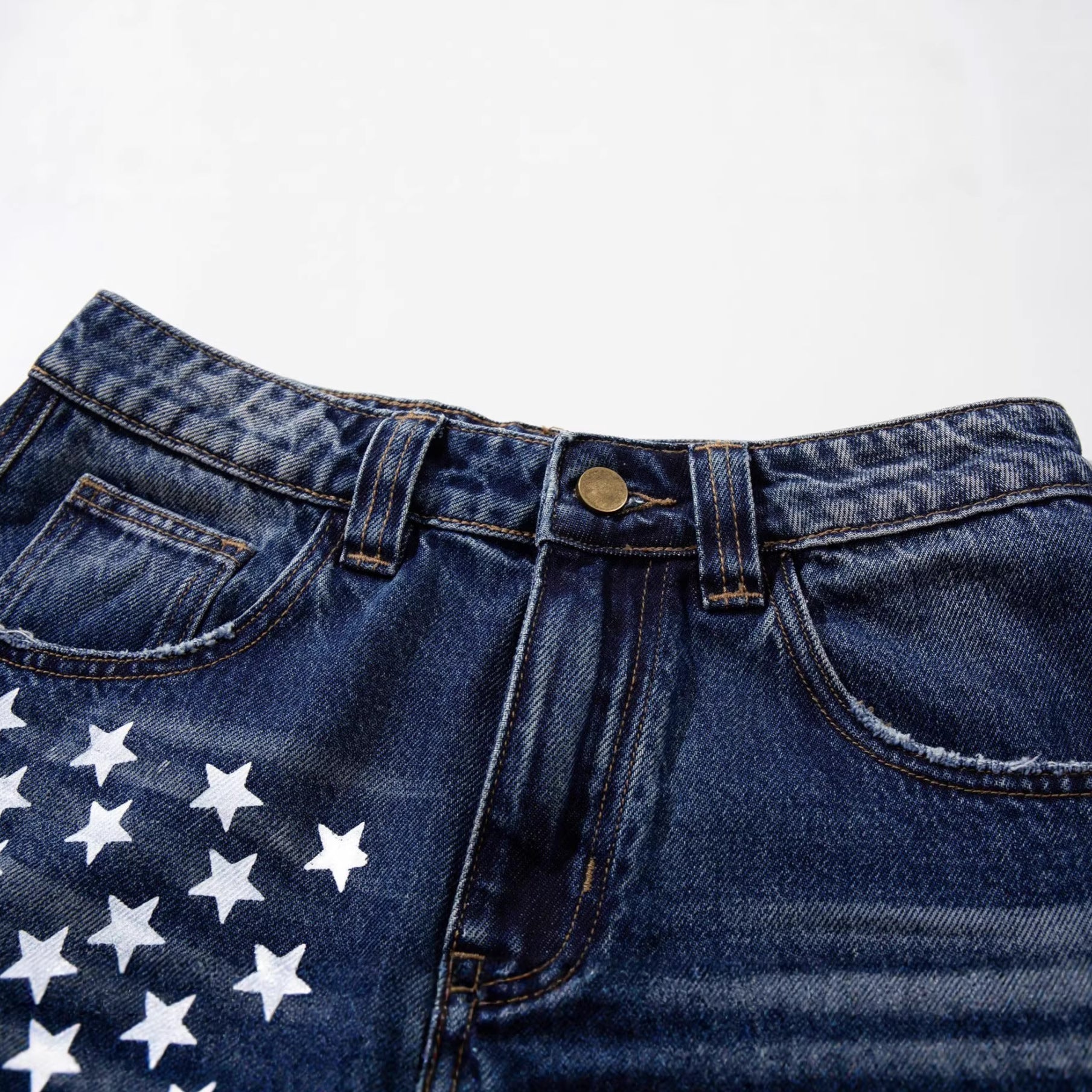 Star Print Curved Wide Leg Denim Jeans