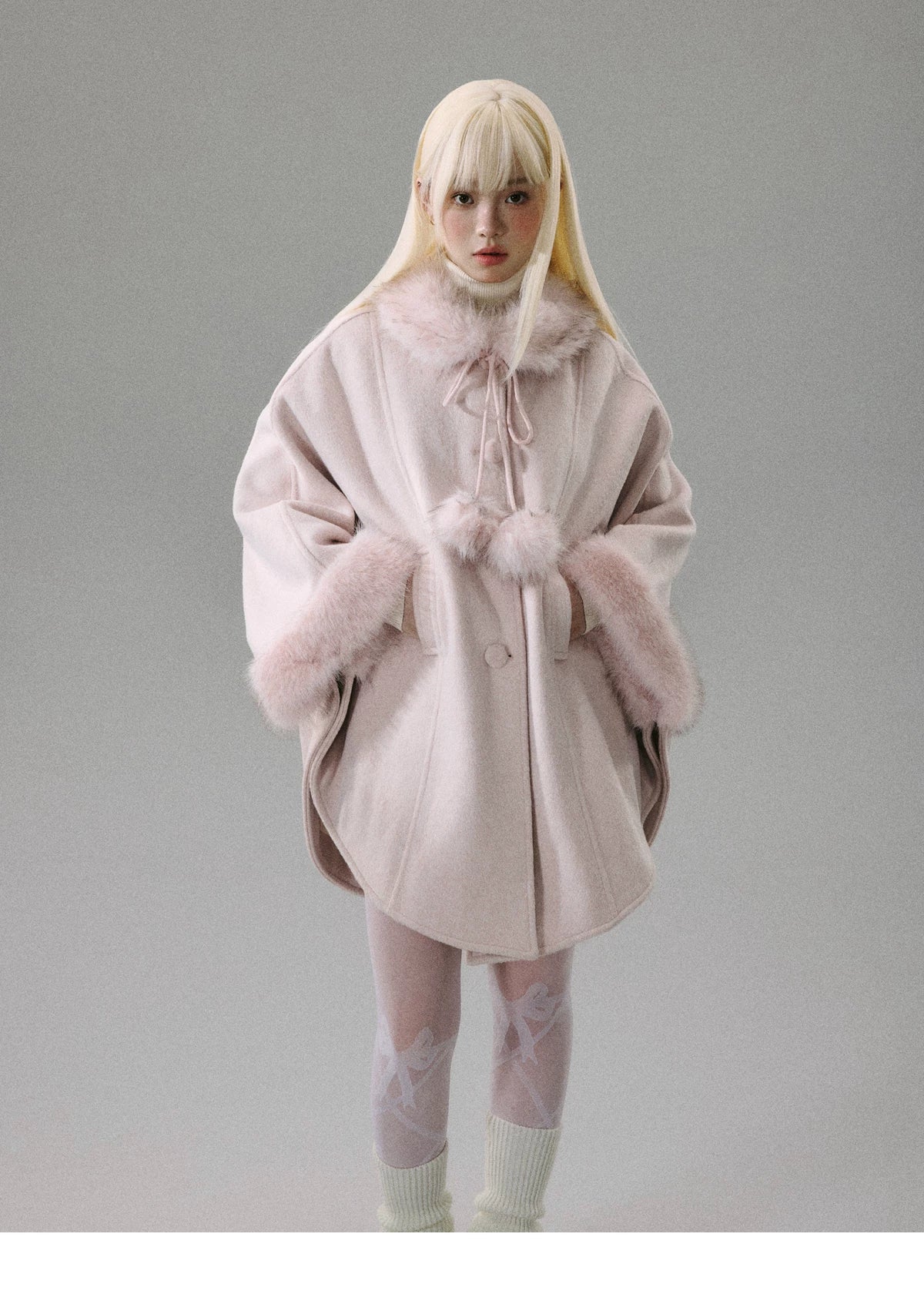 Sweet Girl Pink Long Hair Tweed Cape Coat