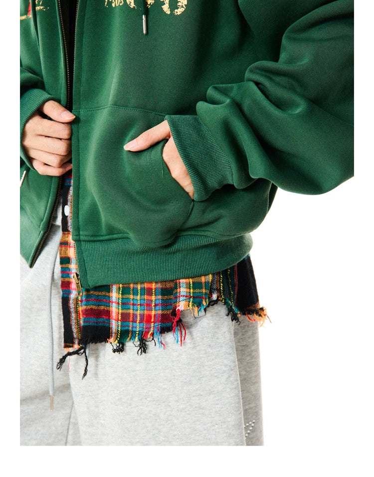Letter Embroidery Washed Zipper Hoodie