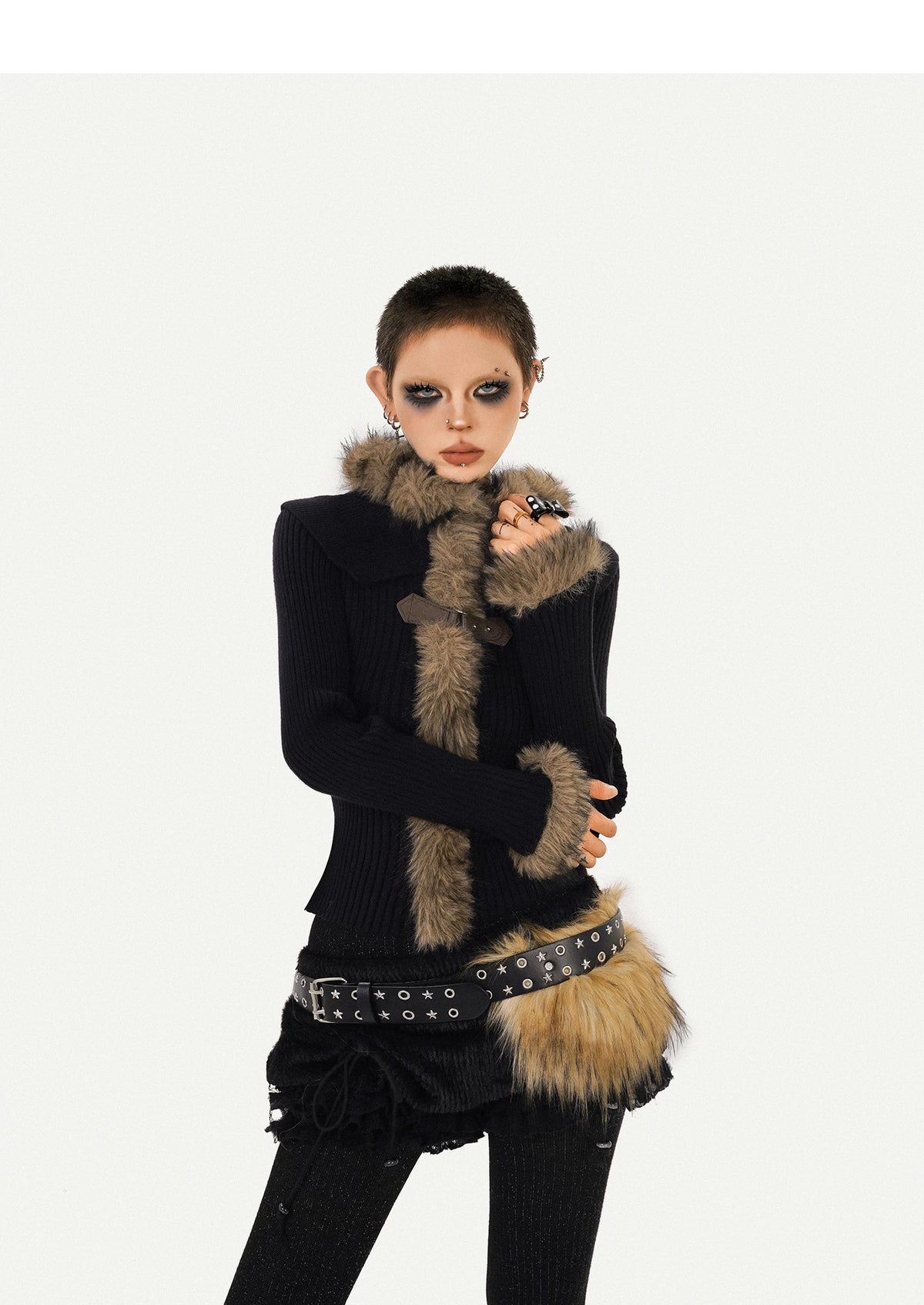 Fur Collar Fitted Knit Sweater