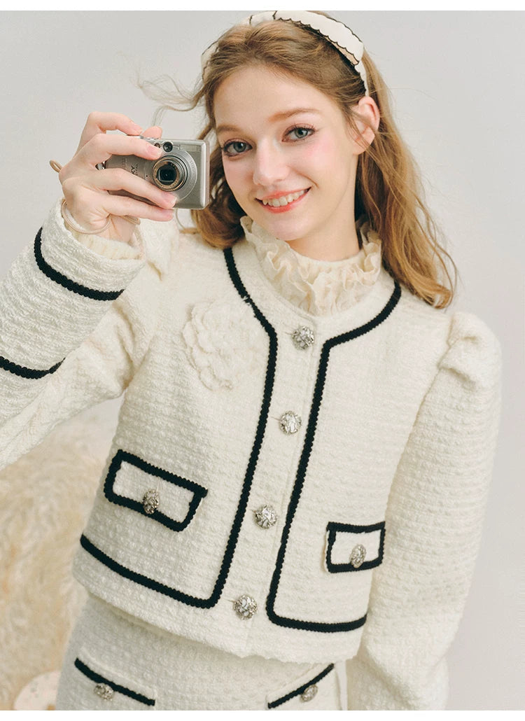 Bubble Sleeve Button Up Jacket & Lace Short Skirt Setup