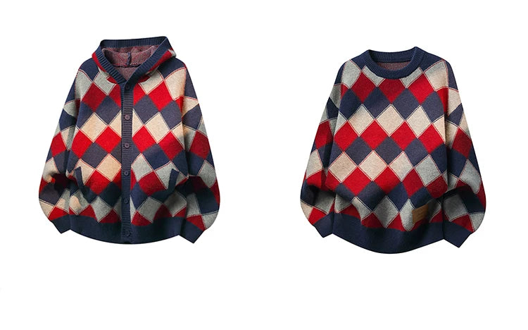 Heavyweight Diamond Pattern Oversize Hooded Knit Cardigan & Knit Sweater
