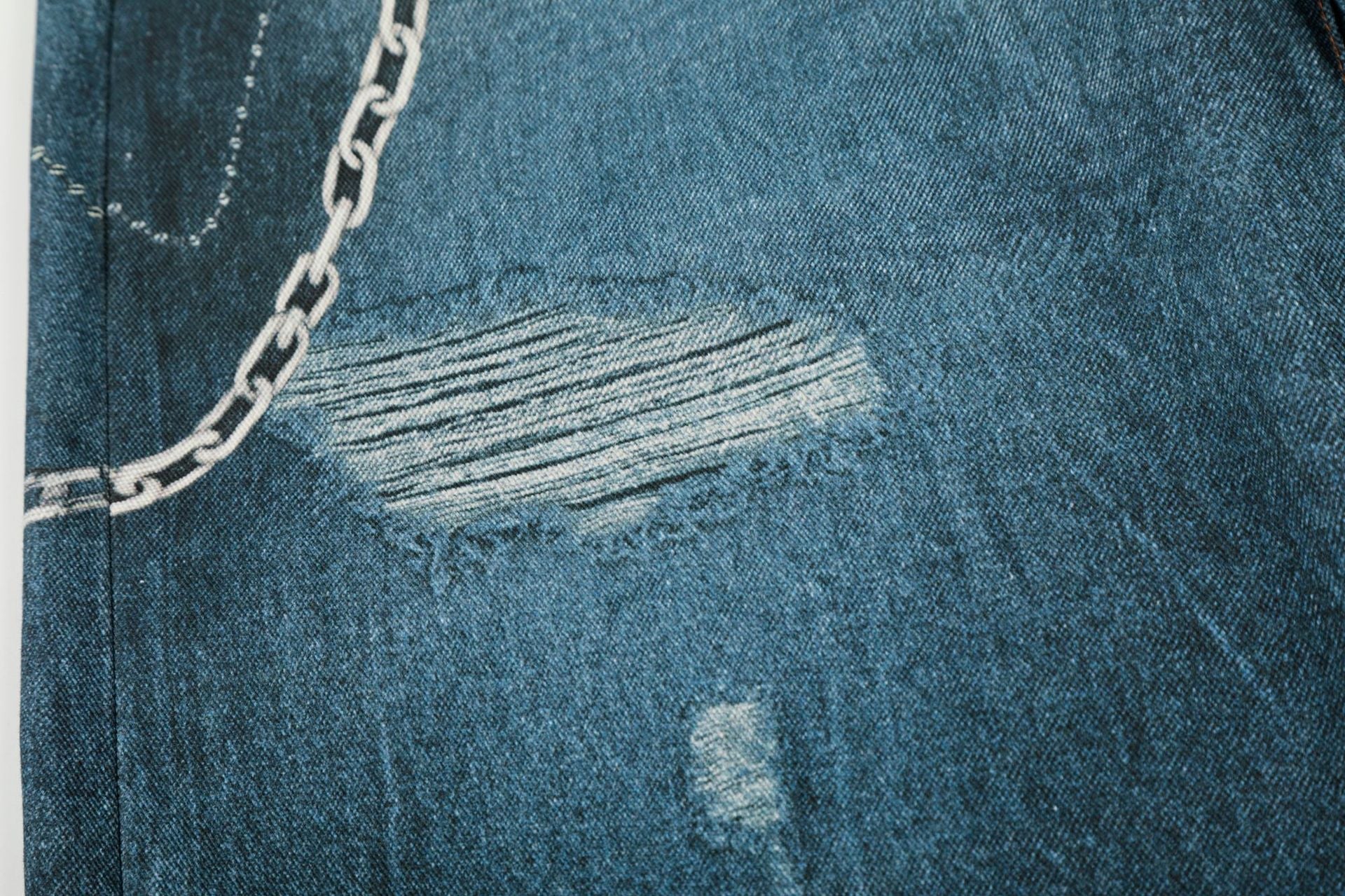 Washed 3D Print Curved Wide Leg Denim Jeans