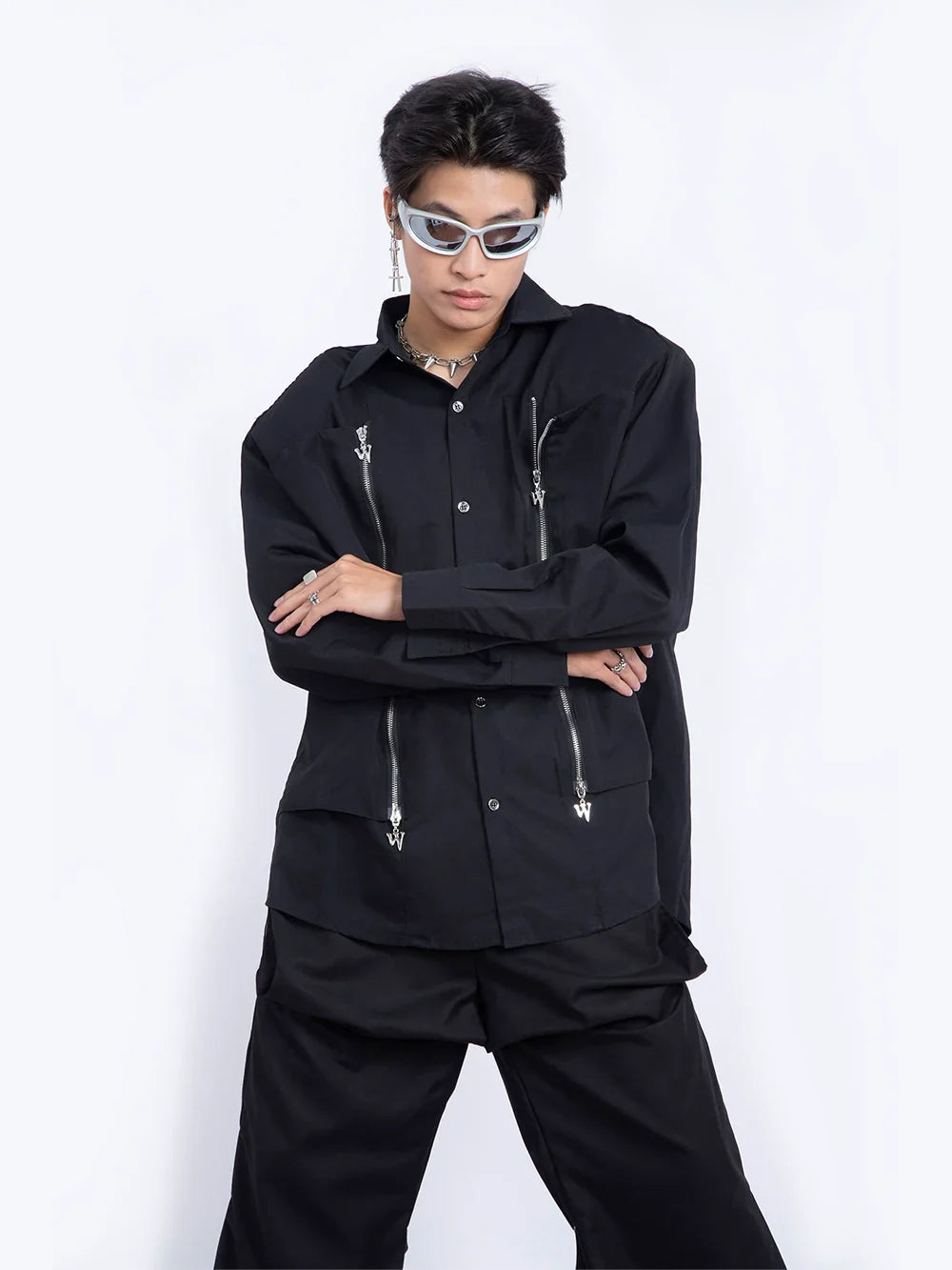 Double Zipper Shoulder Pad Long Sleeve Shirt