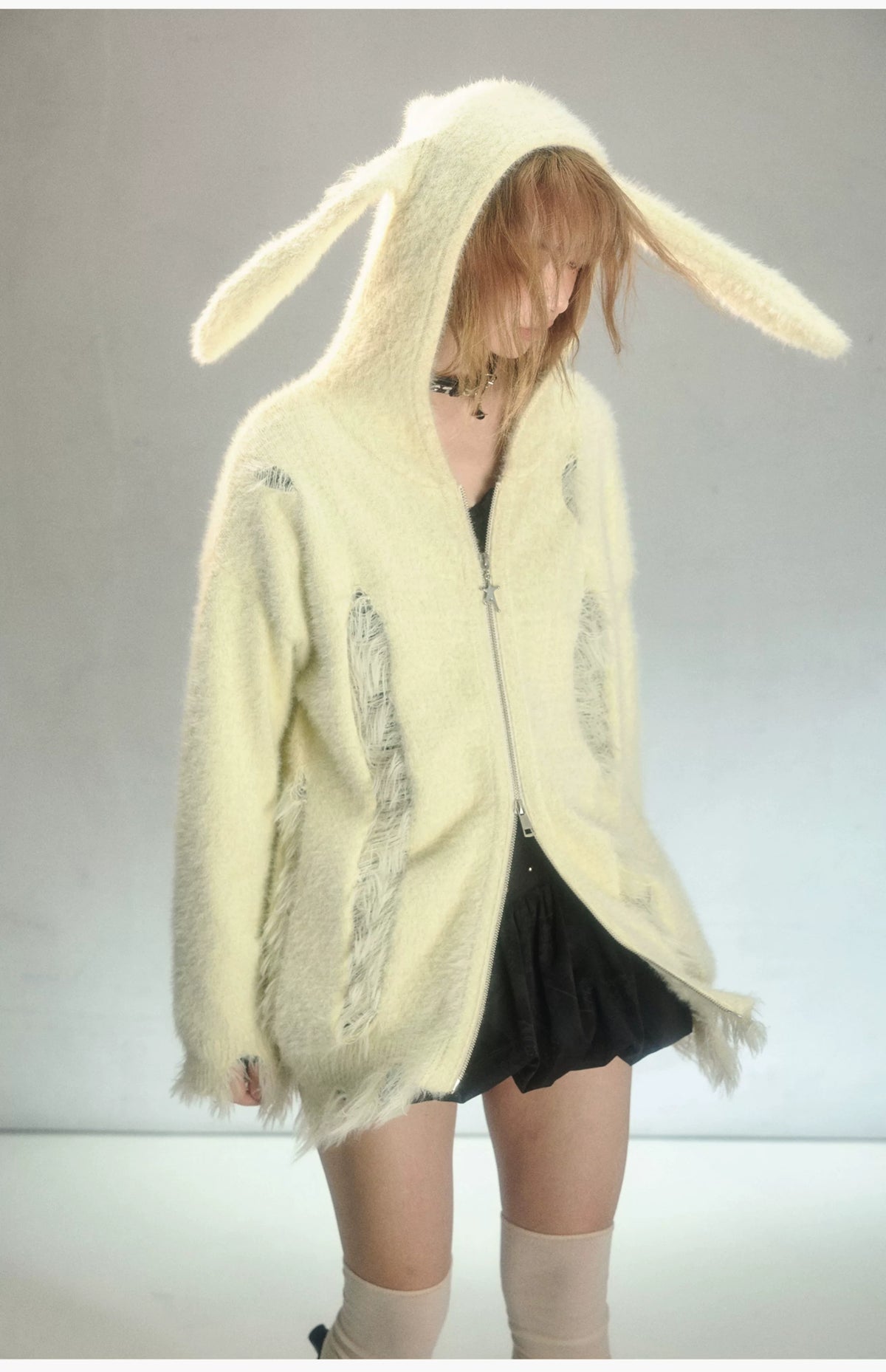 Rabbit Ear Zipper Knit Hoodie