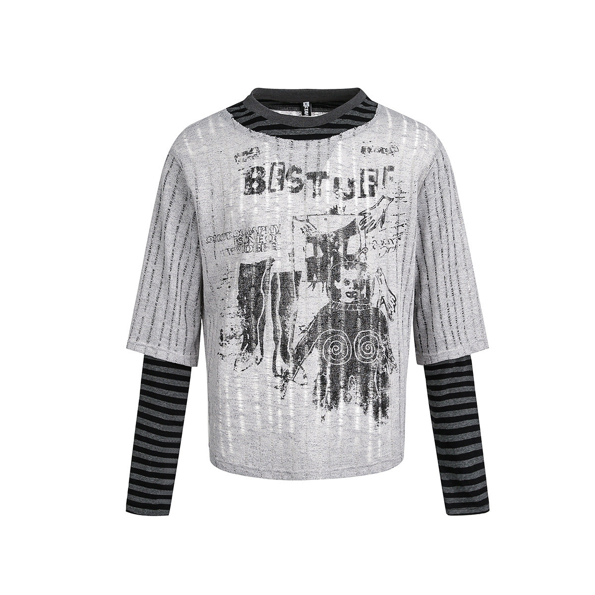 Stripe Fake Layered Graphic Long Sleeve T-Shirt