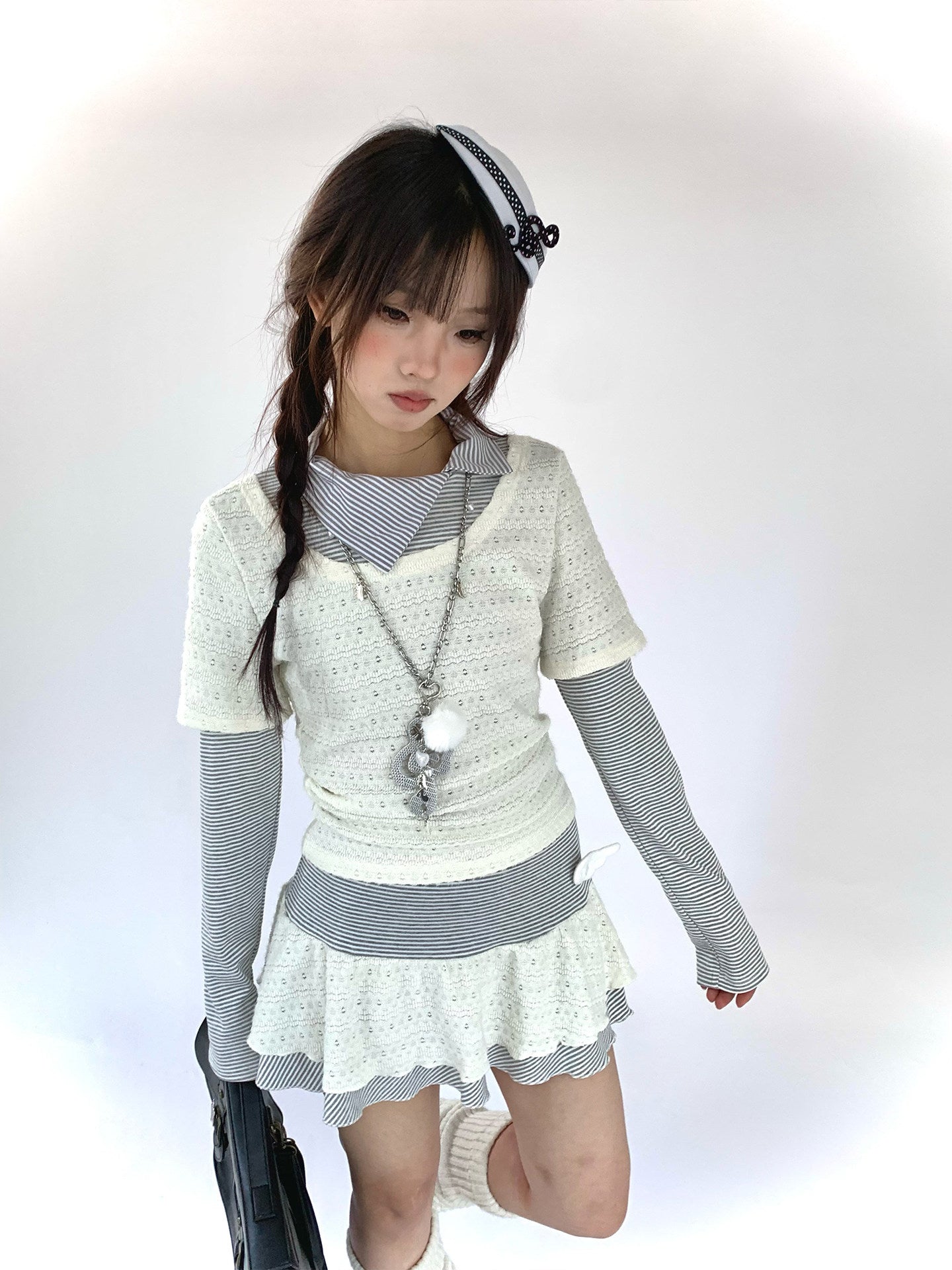 Fake Layered Striped Ruffle A-Line Dress