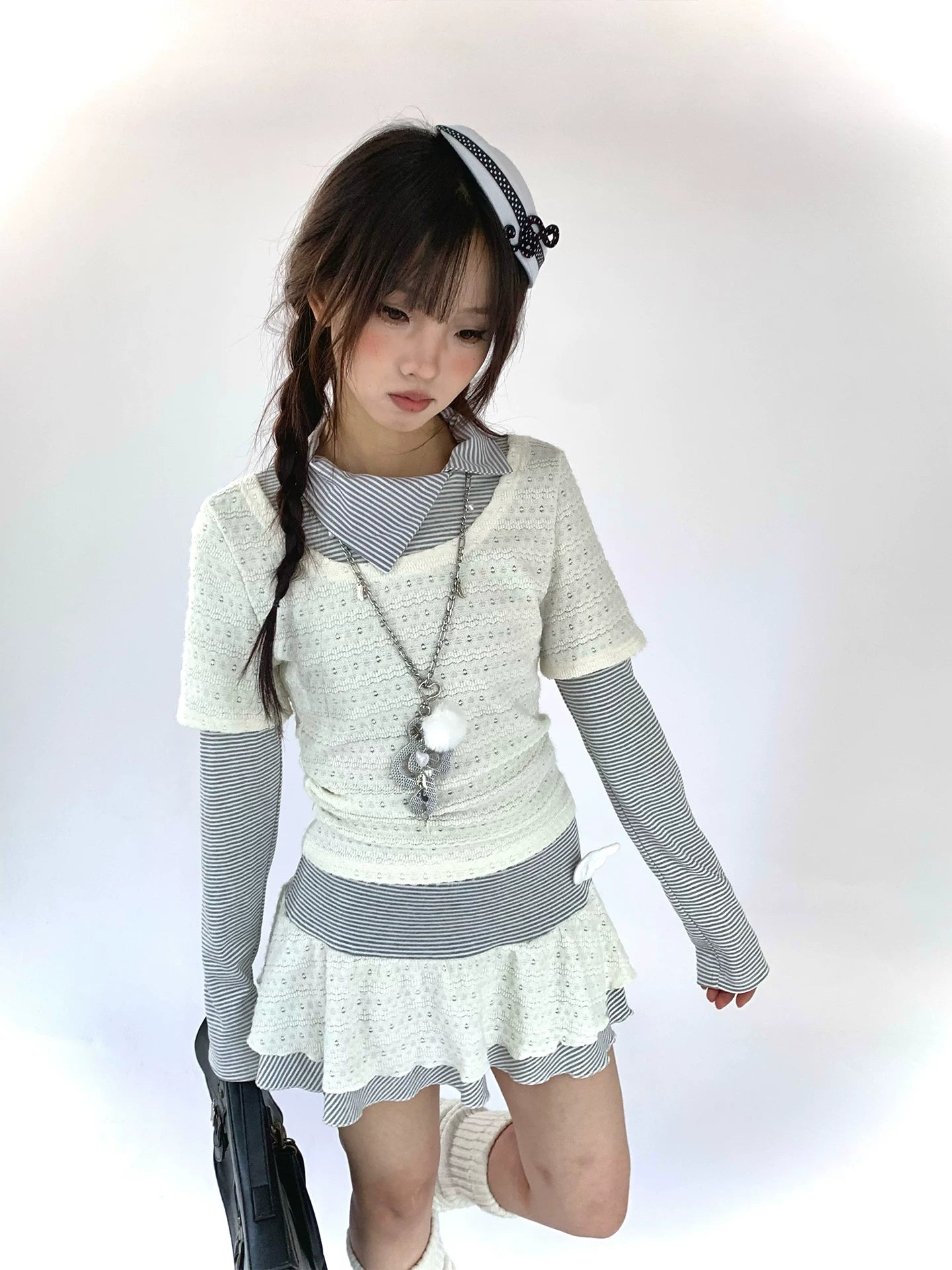 Fake Layered Striped Ruffle A-Line Dress
