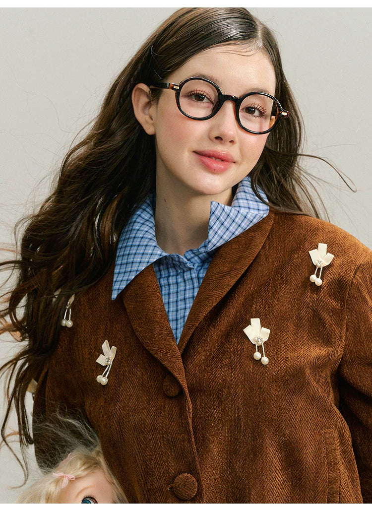 Handmade Rose Plaid Long Sleeve Shirt & Short Pleated Skirt Setup