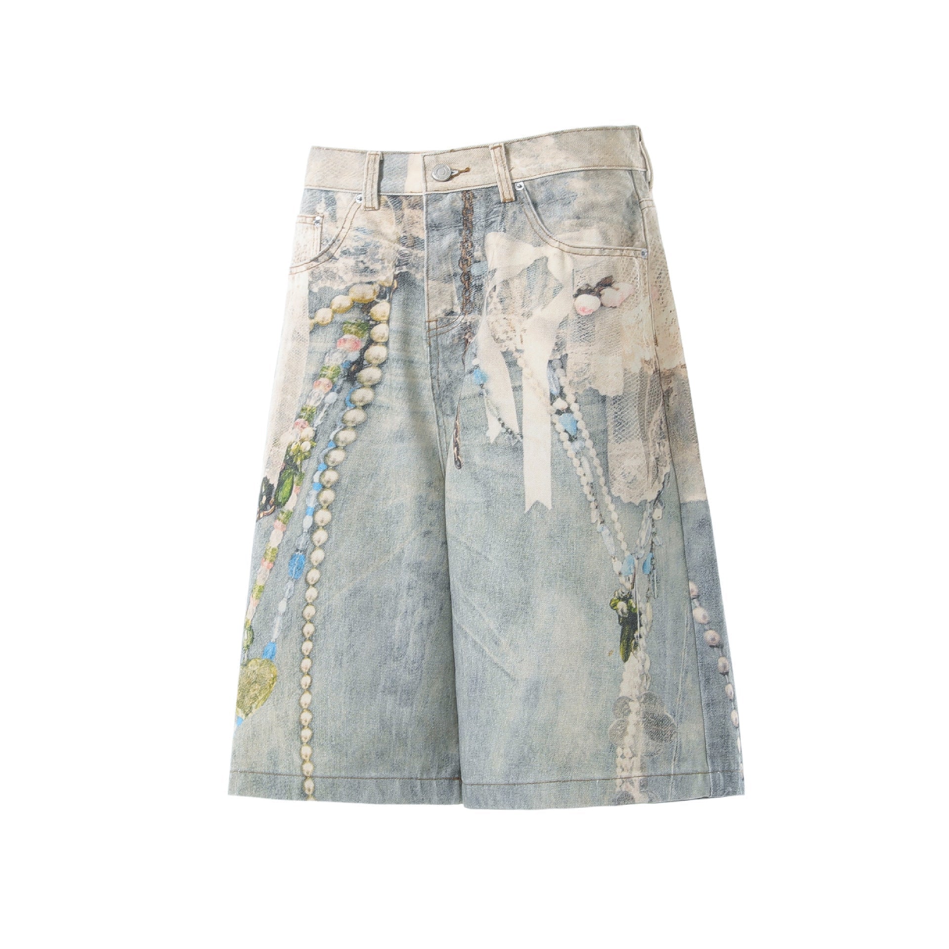 Pearl Chain Collage Print Denim Jort