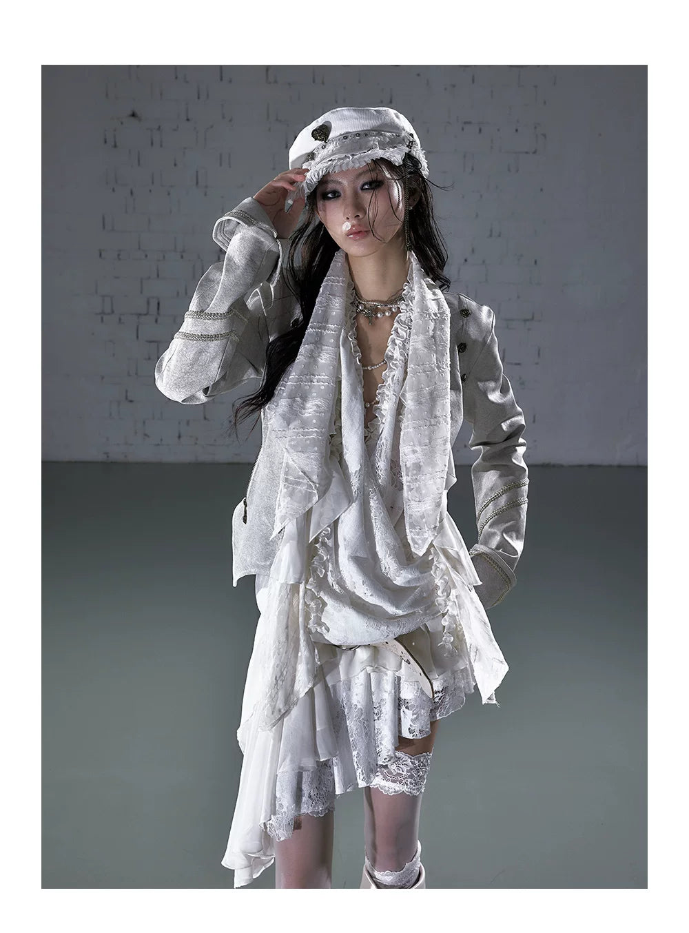 Ruffle Tie-Neck Slim Fit Long Sleeve Shirt