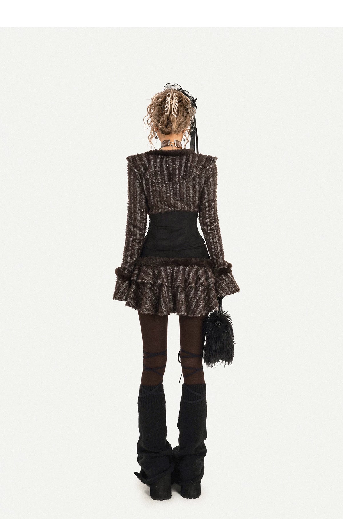 Original Design Patchwork Raw Edge Slim Long Sleeve Shirt & Skirt Setup