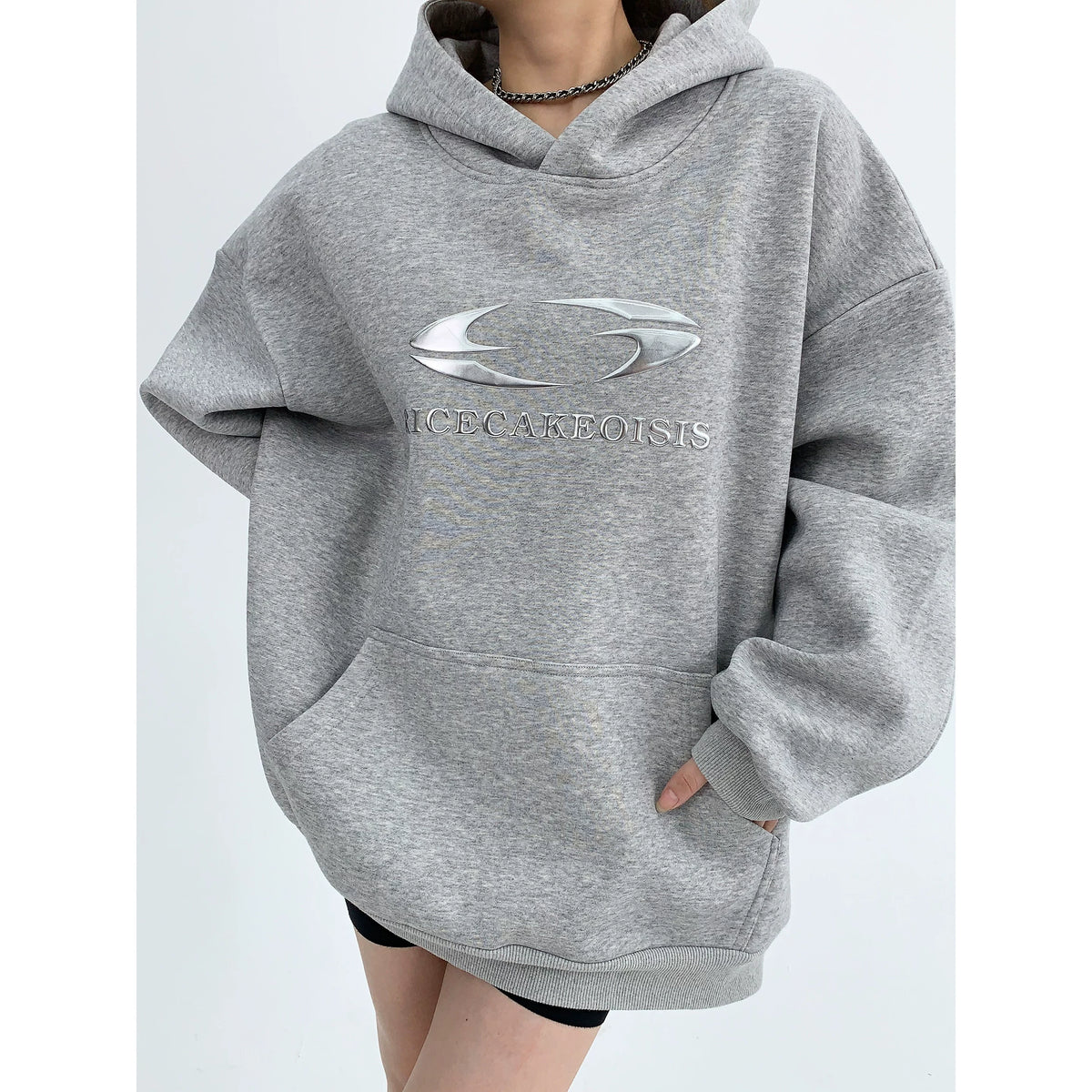 Silver Logo Print Oversized Hoodie