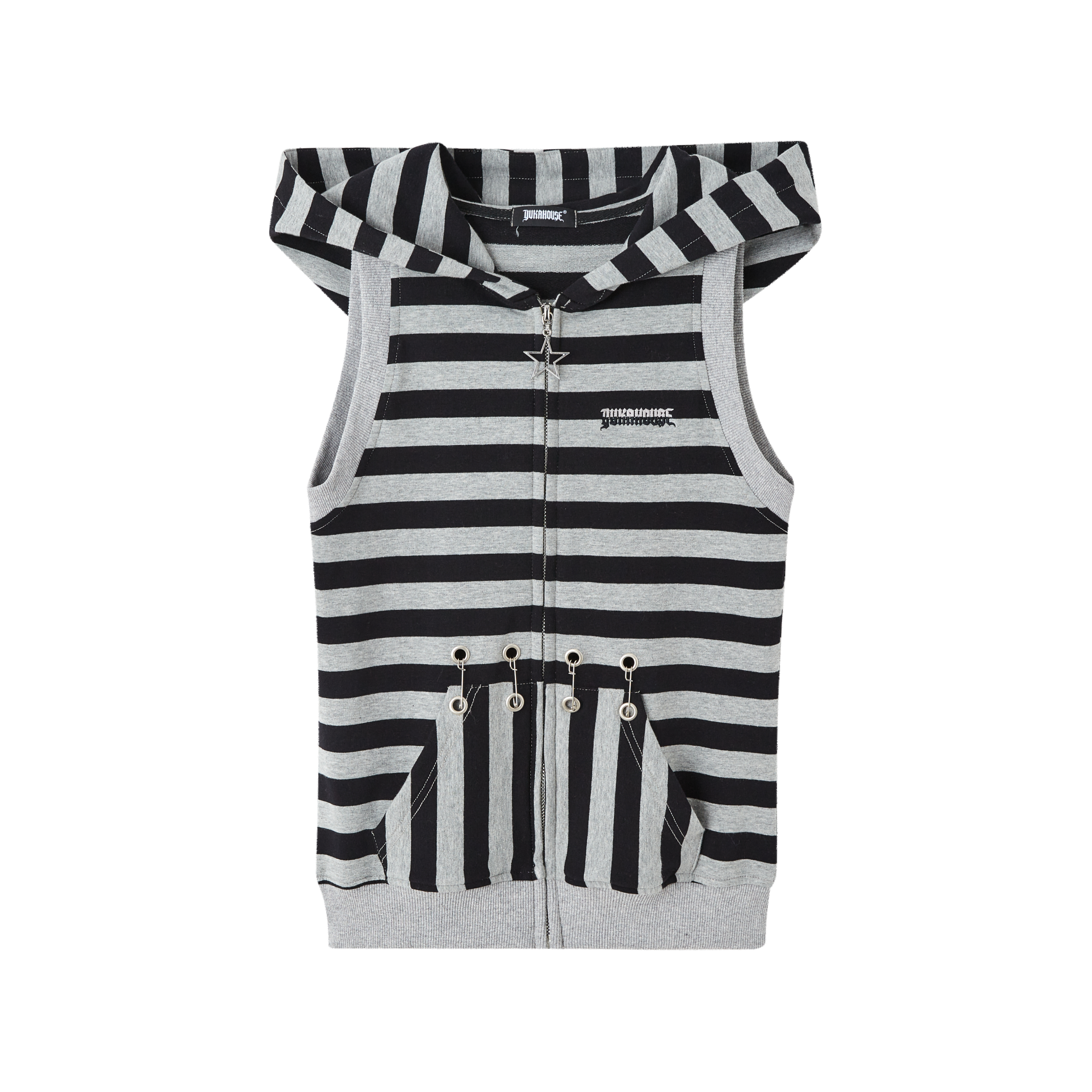 Stripe Zipper Hooded Sleeveless T-Shirt