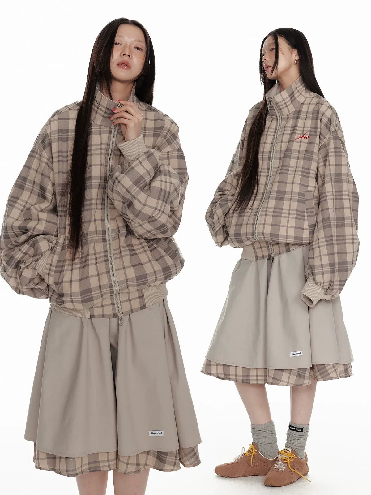 Hollow Star Stand Neck Recersible Jacket & Recersible Plaid Skirt Setup