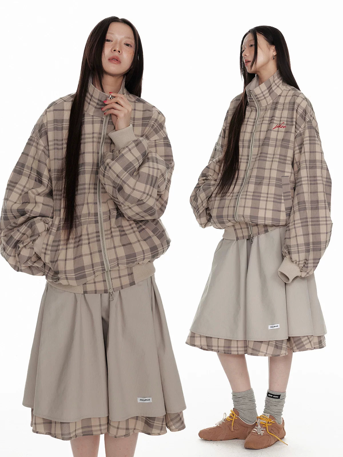 Hollow Star Stand Neck Recersible Jacket & Recersible Plaid Skirt Setup