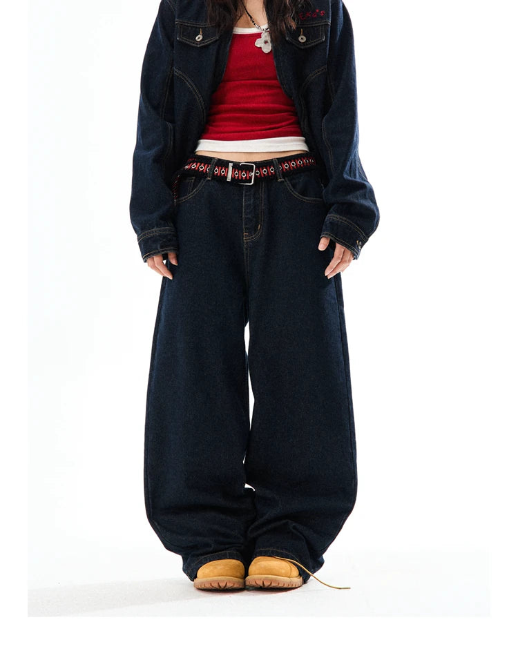 Embroidered Cropped Denim Jacket & Wide-Leg Denim Jeans Setup