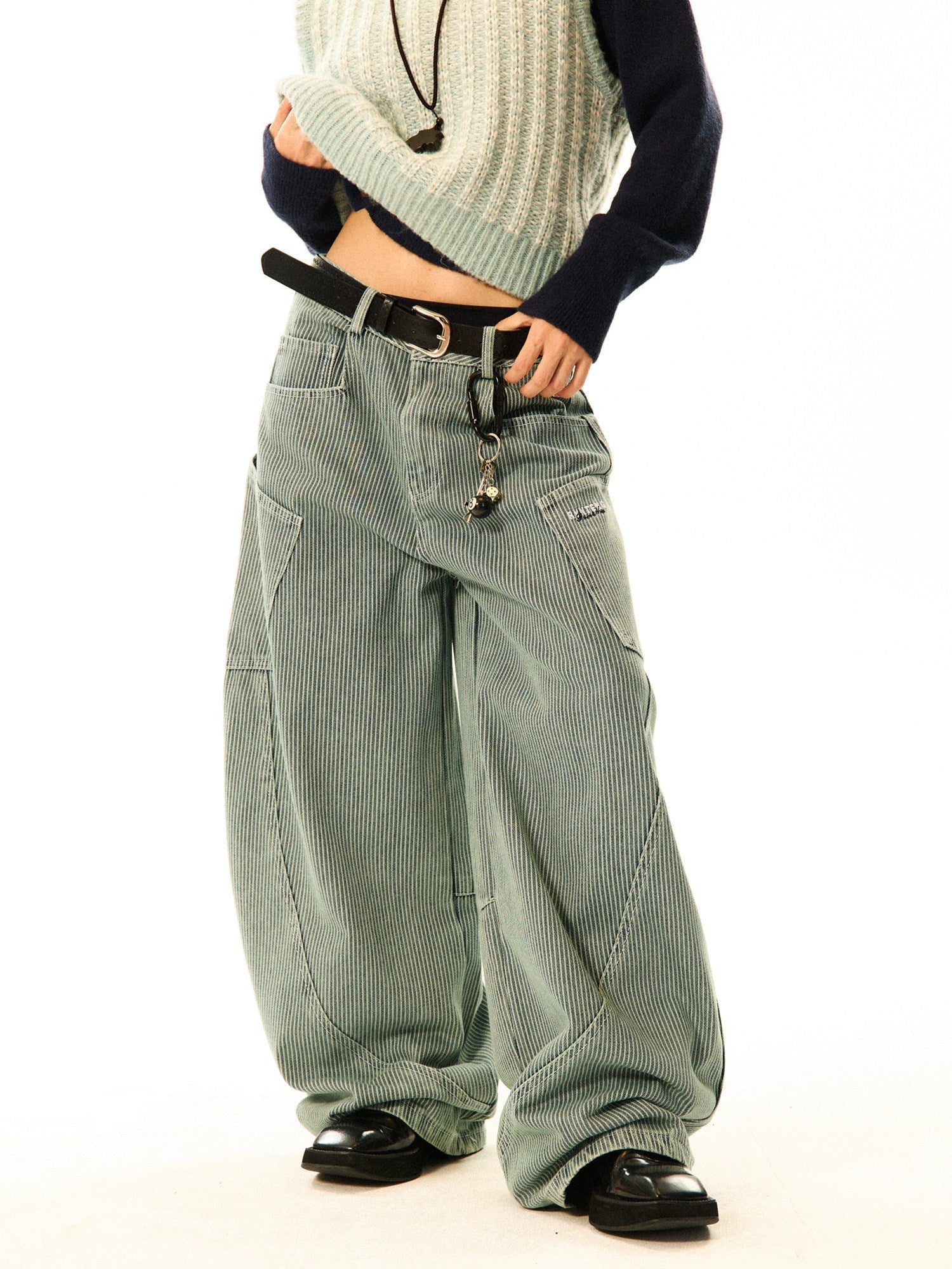 Stripe Pattern Wide Leg Denim Jeans