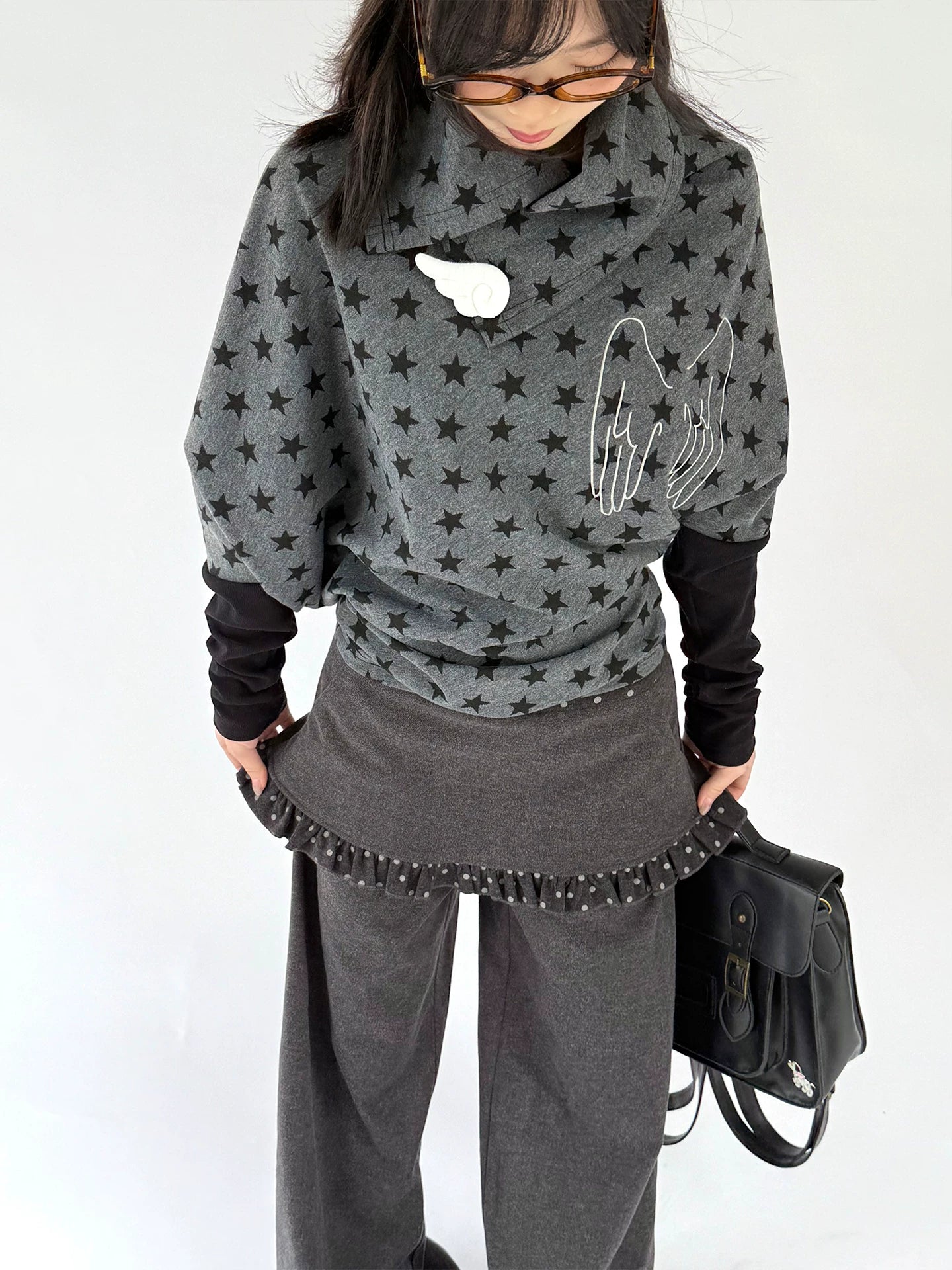 Star Print Wing Detail Layered Long Sleeve T-Shirt