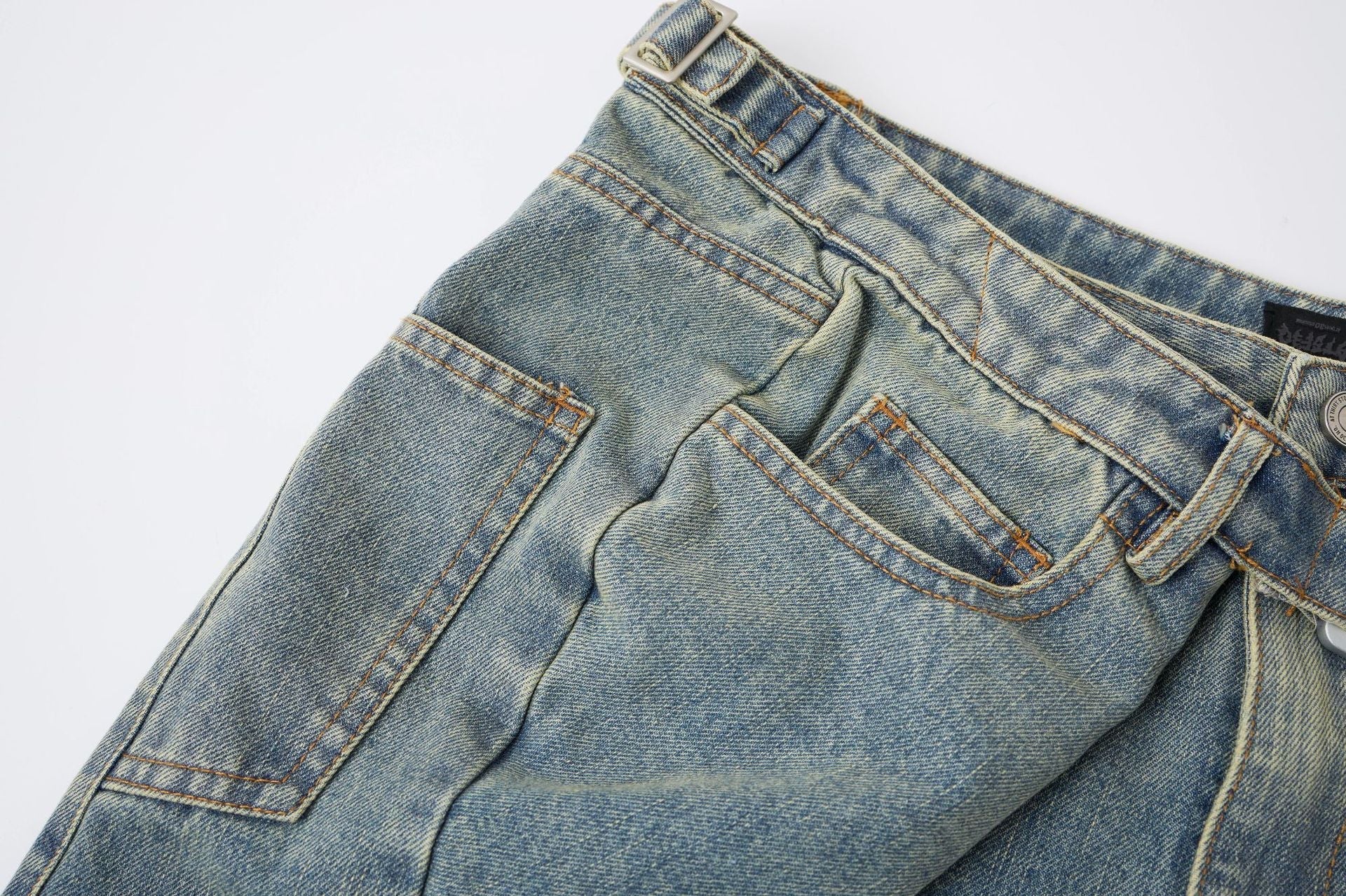 Washed Whisker Metal Buckle Denim Jort