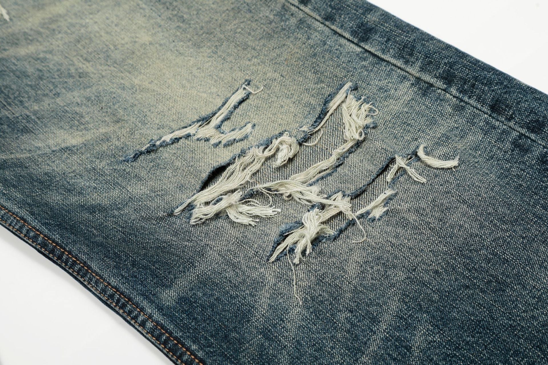 Damage Whisker Wash Straight Denim Jeans