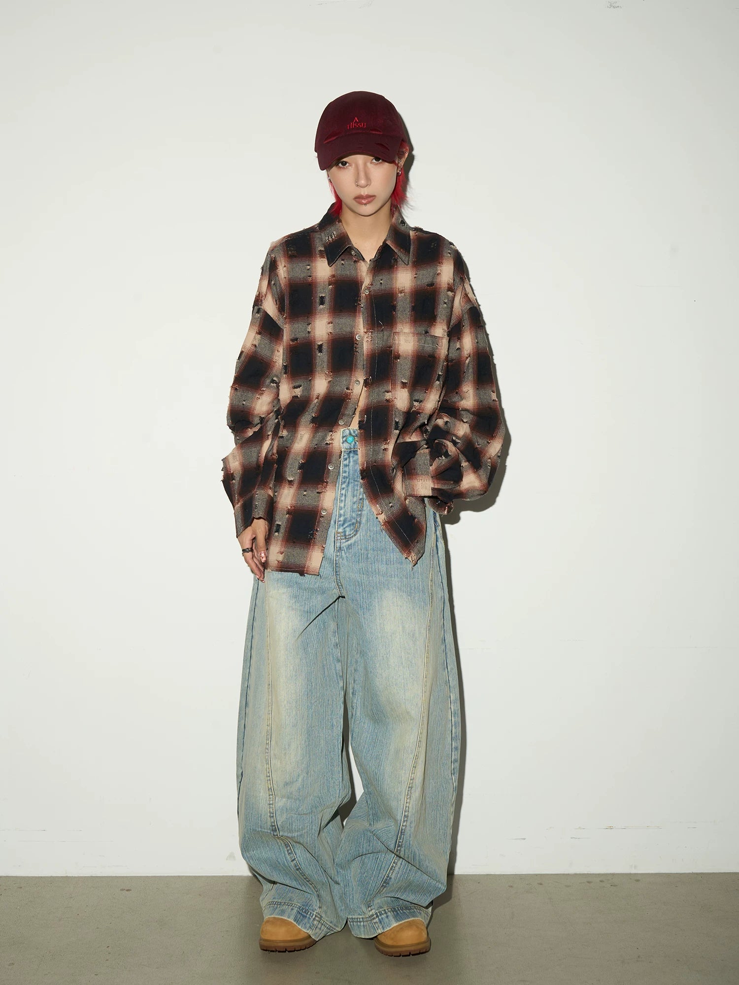 Ripped Plaid Oversize Long Sleeve Shirt