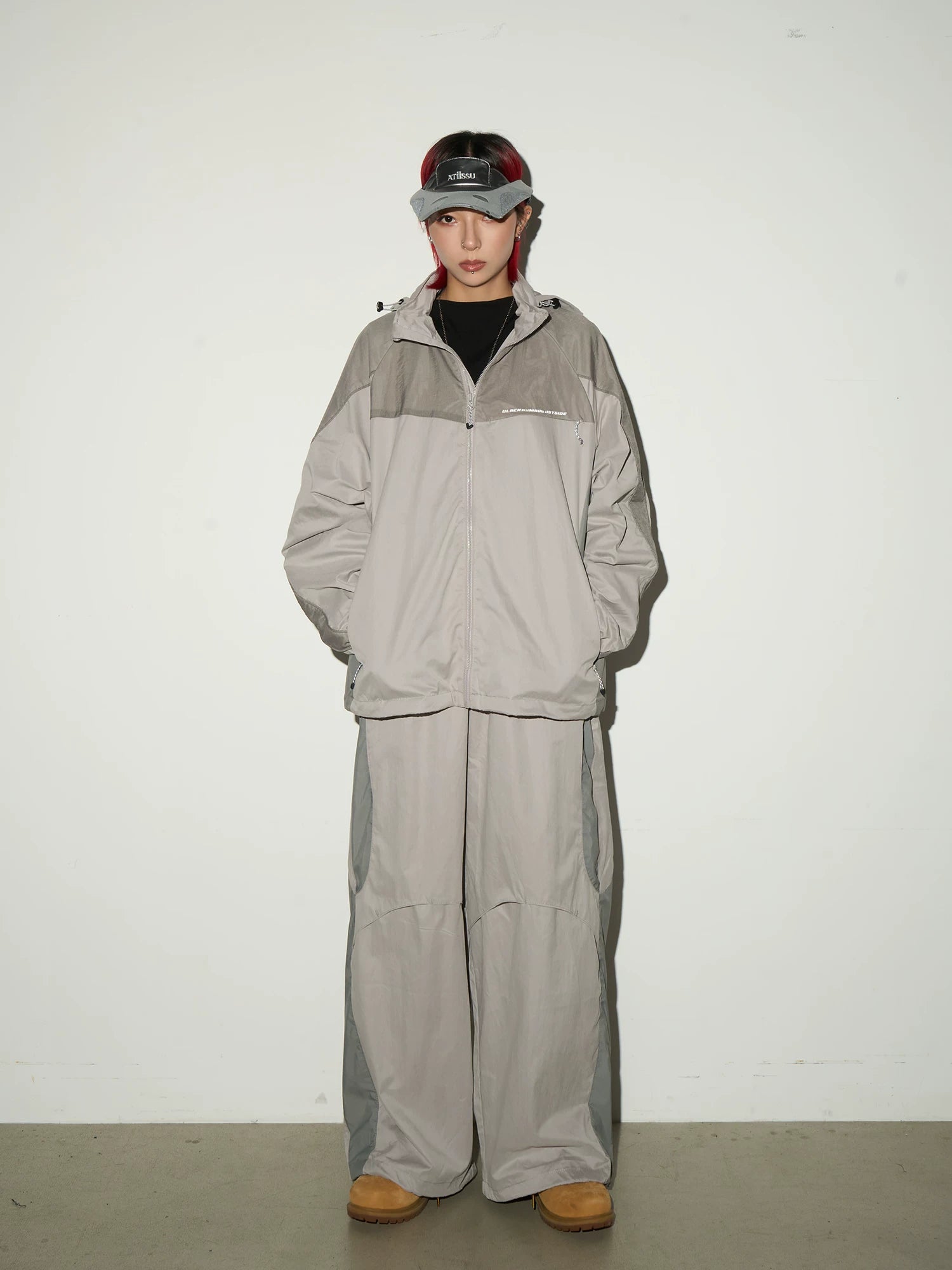 Oversize Nylon Hooded Jacket & Panel Wide Leg Pants Setup