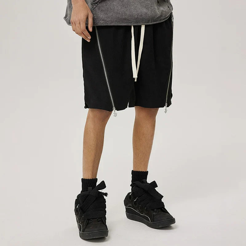 Metal Zipper Patchwork Straight Sporty Short