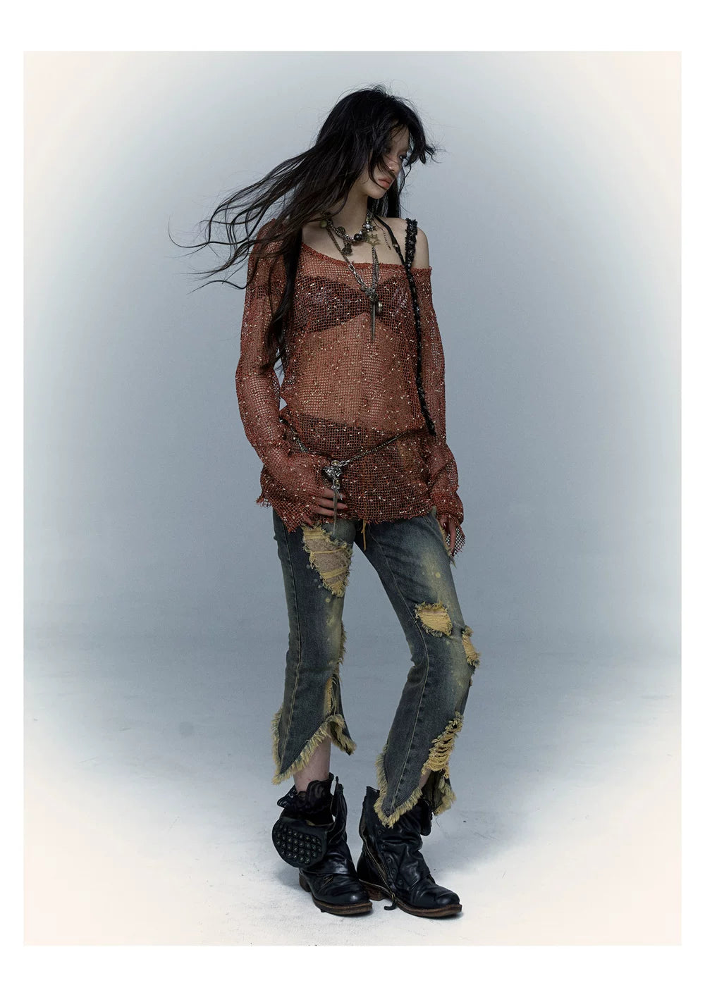 Damage Asymmetric Flare Denim Jeans